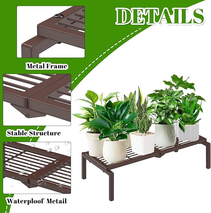 1 Tier Metal Plant Stand Indoor Outdoor, Potted Multiple Flower Pot Holder Rack Plant Shelf, Heavy Duty Planter Display Shelving for Patio Balcony Garden Living Room Decorative (Brown) Gouisalin