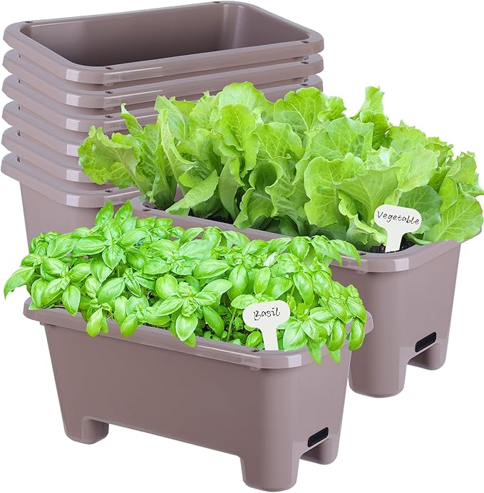 Self-Watering Rectangle Planter Boxes 8-Pack, 15.7-Inch Window Box Planter with Drainage Holes & Trays, Pots for Vegetables, Herbs, Flowers, Garden Windowsill Balcony (Coffee) Oliz
