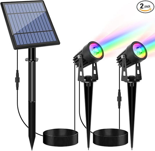 APONUO Metal Solar Spot Lights Outdoor with 9.8ft Cable Solar Powered Landscape Lighting Low Voltage IP65 Waterproof Auto On/Off for Outside Garden Yard Landscape Pathway Garage-Multicolor(2-in-1) APONUO