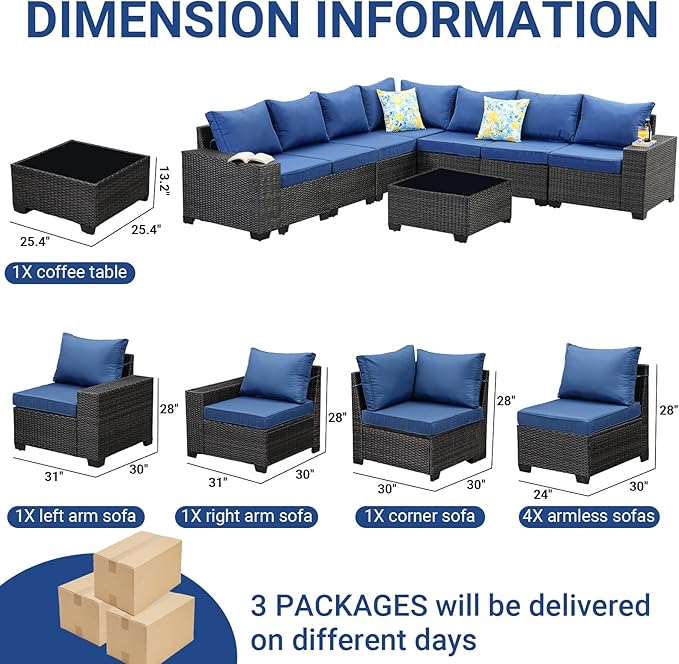 Jing's Villa 10-Piece Patio Furniture Set, All-Weather Outdoor Wicker Sectional Sofa with Cushions, Glass Table & Left and Right Armrest, Rattan Conversation Seating for Porch, Garden, Backyard,Navy JingsVillaOutdoorFurniture