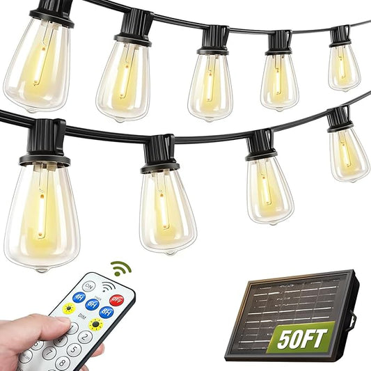 Solar String Lights Outdoor Waterproof Lights with Remote & Timer, LED Shatterproof ST38 Bulbs, USB & Solar Powered Patio Lights for Backyard, Porch, Garden, Wedding, Christmas Decor (50FT) SkoiucLights