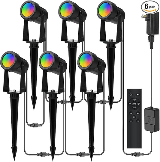 Banord RGBW Color Changing Outdoor Landscape Lighting, 6 Pack Low Voltage LED Outdoor Spotlight with Remote, IP65 Waterproof for Yard, Garden, Lawn Banord