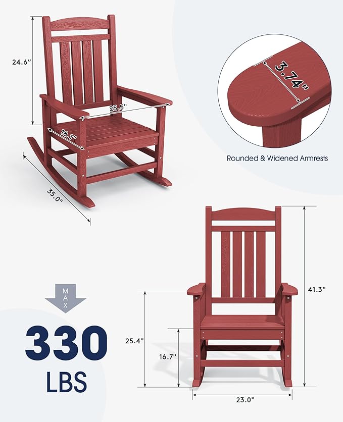 KINGYES HDPE Outdoor Rocking Chair Set of 4, All-Weather Poly Patio Rocking Chairs with 330lbs Support for Adults, Dark Red KINGYES