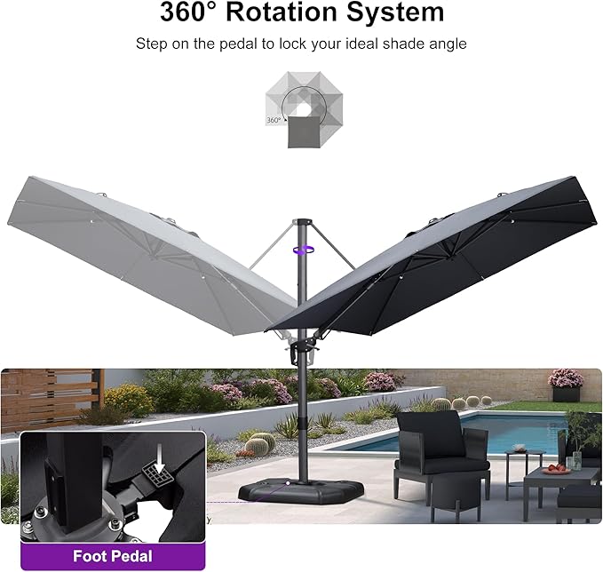 PURPLE LEAF 9' X 12' Right-left Tilt Patio Umbrella with Base Outdoor Cantilever Swivel Rectangle Umbrella Aluminum Offset Umbrella with 360-degree Rotation for Garden Deck Pool Patio Grey PURPLELEAF