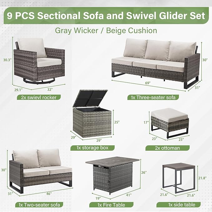 Belord Outdoor Sectional Sofa with 41" Propane Fire Pit Table - 9 Piece Patio Conversation Set with Storage Box and Swivel Rocker Chairs All-Weather PE Wicker Furniture Set Gray Belord