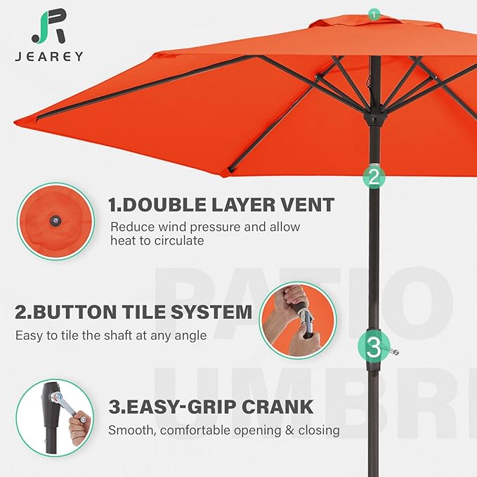 JEAREY 7.5FT Patio Umbrella Market Table Umbrella with 6 Sturdy Ribs, Push Button Tilt/Crank Outdoor Umbrella for Garden, Deck, Backyard, Pool and Beach,Orange JEAREYOutdoorsCollection