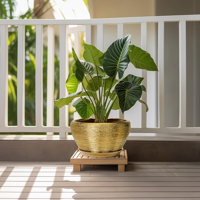 Ceramic Planter 11 Inch - Indoor Plant Pot with Drainage Hole and Saucer Large Planter for Outdoor Plants Mid-Century Decorative Flower Pot for Home Decor Gold Ceramicfor