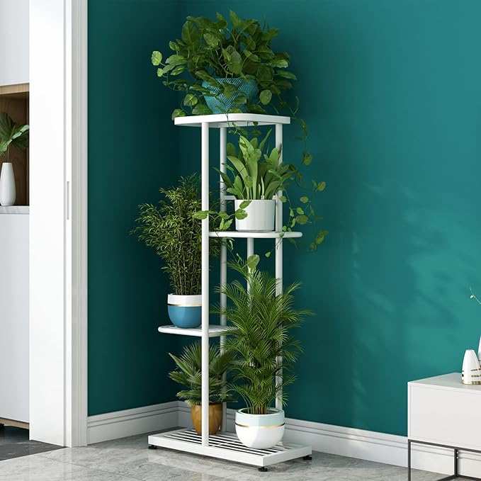LINZINAR Plant Stand Indoor Outdoor Metal 4 Tier 5 Potted Multiple Flower Pot Holder Shelf Planter Display Shelving Unit for Patio Garden Corner Balcony Living Room (4 Tier 5 Potted, White) LINZINAR