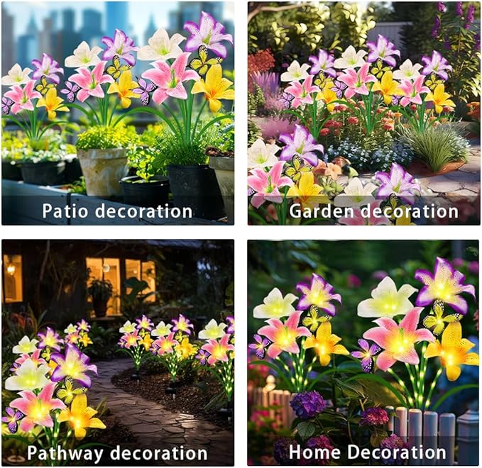 Solar Garden Lights 4 Pack LEDs Solar Lilies Flower Lights, Yard Patio Pathway Decoration High Flexibility Copper Wire Handmade Silk Artificial Flowers Never Wither, Gift for Family Friends stadeco