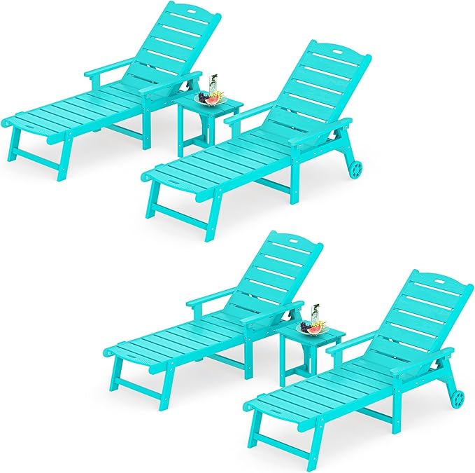LUE BONA Chaise Lounge Chair with Table, 6-Piece, HDPS Chaise Lounger, 5 Positions Adjustable Lounge Chairs, Pool Lounge Chair with Wheels for Poolside, Backyard, Aruba Blue LUEBONA