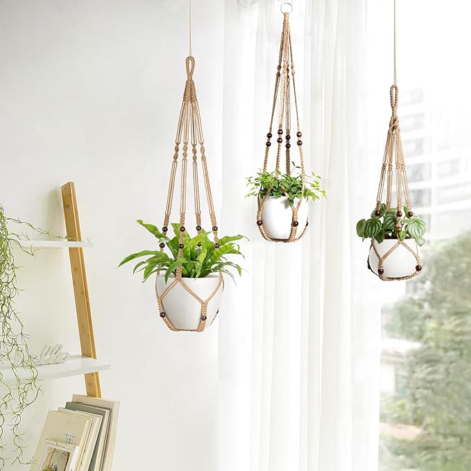 Mkono 3 Pack Macrame Plant Hangers Indoor Different Size Hanging Planter Basket Flower Pot Holder with Beads No Tasselss 43"/35"/29", Large, Brown Mkono