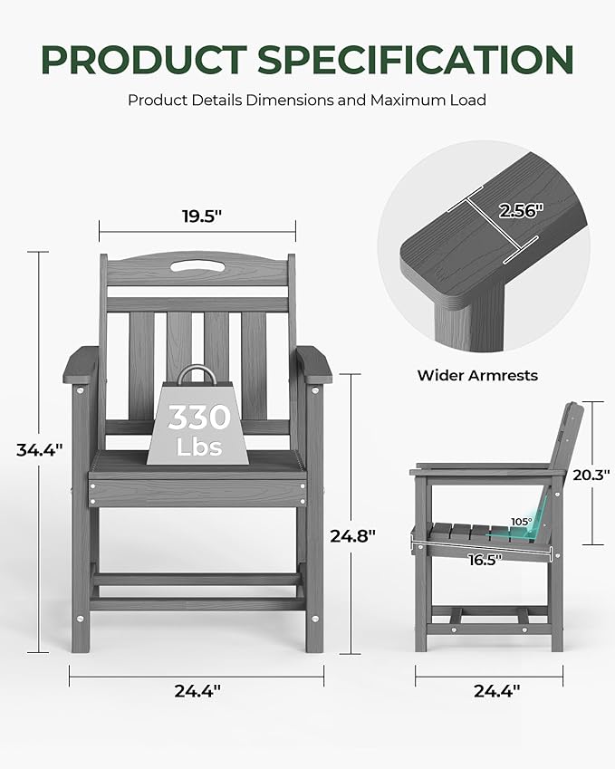 Patio Chairs Set of 2, HDPE Outdoor Dining Chairs with Wide Seat, All Weather Oversized Porch Chair for Garden, Backyard, Deck - Grey Suunyn