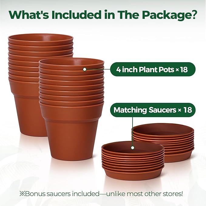 T4U 4 Inch Plant Pots 18-Pack, Small Flower Pots with Saucer and Drainage Hole, Durable Plastic Pots, Nursery Small Flower Pot Bulk for Plants, Succulent, Violet, Decorative (18 Pack 4" Pot) T4U