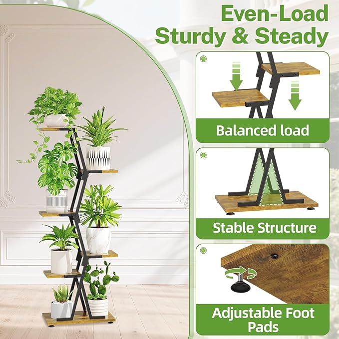 iDavosic.ly 5 Tier Indoor Plant Stand, Corner Tall Metal & Wood Flower Shelf, Orchid Display Rack for Living Room Balcony Patio Porch, Space Saving & Multifunctional Display, Black & Brown iDavosicly