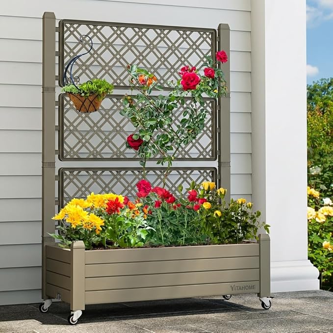 YITAHOME 3.6x1.5x5 FT Planter Box Trellis with Wheels, Large Outdoor Plastic Raised Garden Bed with Drain Plug for Climbing Plants, Light Brown YITAHOME