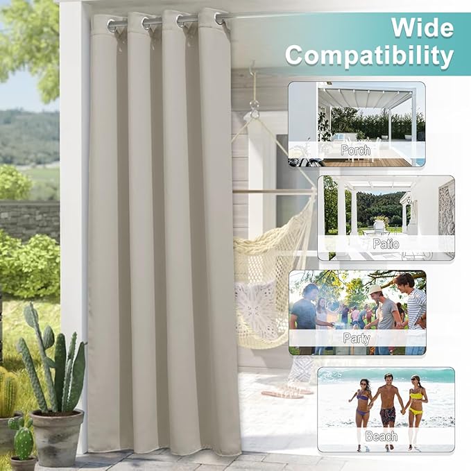 NICETOWN Outdoor Curtain for Patio Waterproof, W66 x L84 inch Blackout Thermal Insulating Outside Curtain for Gazebo Pavilion Pergola, Weatherproof Curtain for Summer, 1 Panel, Natural NICETOWN