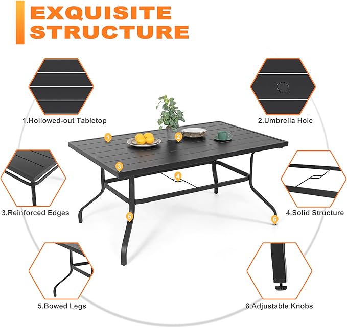 NUU GARDEN Outdoor 61" x 37" Rectangle Dining Table with 1.57" Umbrella Hole, 6-Person Steel Slat Outdoor Patio Table, for Patio, Garden, Backyard and Balcony, Black NUUGARDENCORPORATION