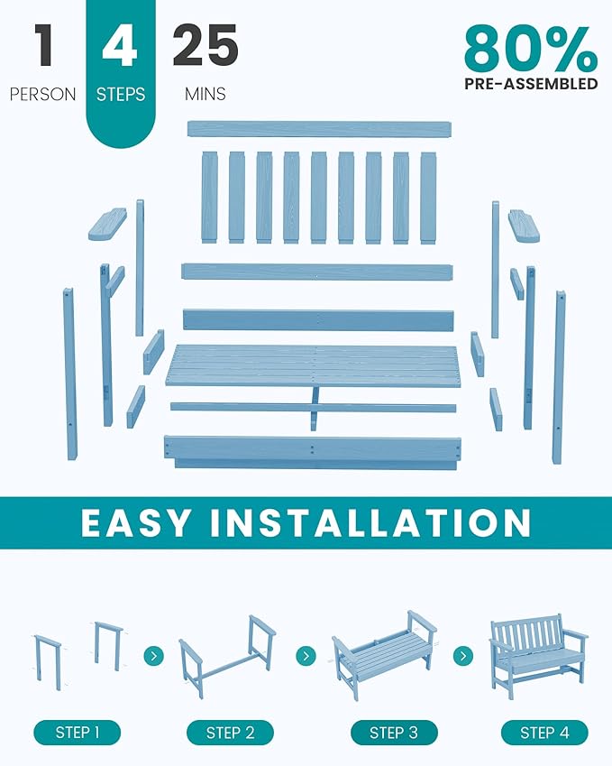 SERWALL Outdoor Bench, HDPE Outdoor Benches Weatherproof, 2-Person Garden Bench with 660 lbs Weight Capacity, Patio Benches for Outdoors, Garden, Porch, Backyard and Park, Light Blue, 6 Pack SERWALL