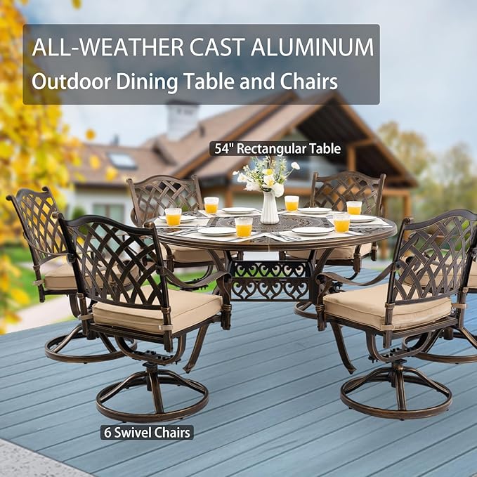 7-Piece Cast Aluminum Patio Furniture, Patio Dining Set for 6 Include 54" Round Outdoor Dining Table and 6 Swivel Chairs with Cushions & Umbrella Hole (Bronze) Rootora