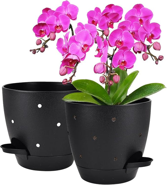 6 Inch Orchid Pots with Holes, 2 Pack Self Watering Planters for Orchids Plastic Orchid Pot Plant Flower Pots for Orchids Indoor Outdoor (Black) Vanslogreen