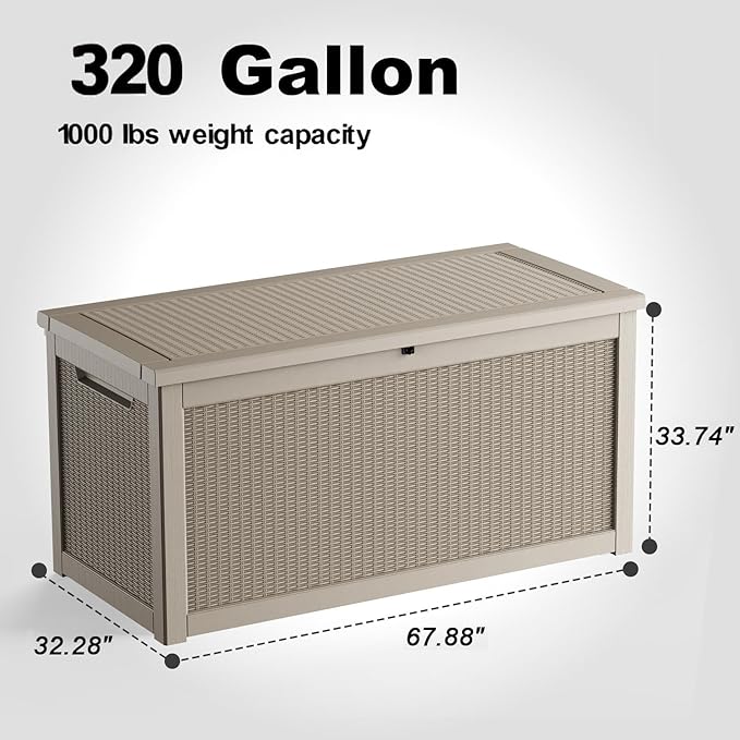 320 Gallon Outdoor Deck Box, Lockable Waterproof Outdoor Storage Boxes For Garden Tools,Indoor Cushions,Accessories Outside Storage Resin Weatherproof Container(Grey) MAIUSCOLI