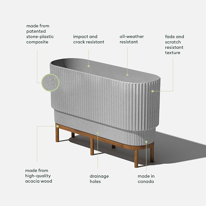 Veradek Demi Series Raised Long Planter for Indoor/Outdoor Use | Made from Plastic & Stone w/Wooden Stand | Modern Patio Décor for Flowers/Shrubs VeradekOutdoor