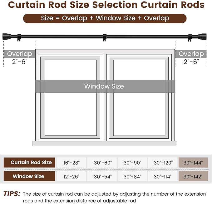 1” Diameter Curtain Rods Itself is 30 to144 inch 1 Pack Fit 30-142 inch, 66 to 120 inch Window with Heavy Duty Adjustable Rod Matte Black Splicing Metal Extra Long Curtain Rod for Windows Rootora