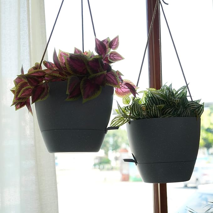 10 Inch Self Watering Hanging Pots, 2 Pack Hanging Planters with 40oZ Deep Reservior for Indoor Outdoor Plants Flowers, Grey SwinDuck