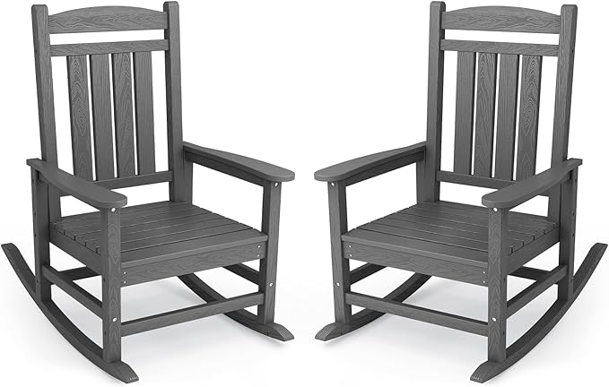 KINGYES Oversized Outdoor Rocking Chair Set of 2, HDPE Patio Rocking Chairs for Adults,Gray KINGYES
