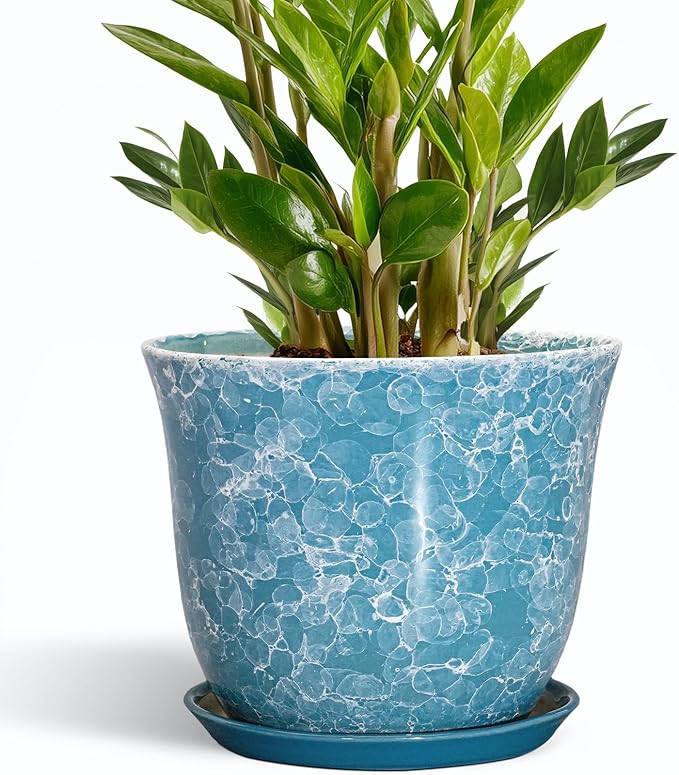 Ceramic Planter - 10 Inch Plant Pot for Indoor Outdoor, Large Round Flower Pots with Drainage Hole and Saucer, Modern Decorative Plant Pots, Garden House Decor, House Warming Gifts, Blue SUNPOTFOR