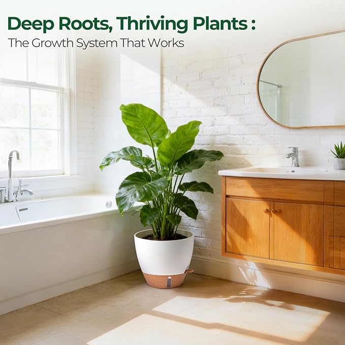 T4U 5 Pack Self Watering Pots (6"+8"+9"+10"+12") - Water Level Indicator & Deep Reservoir, Mess-Free Planters for Busy People, Beginners & Gardeners, Fit Most Plants, Indoor Outdoor Use (White) T4U