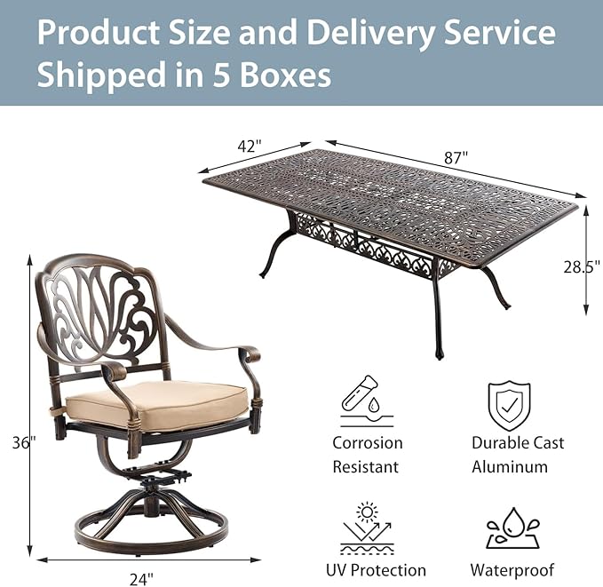 9-Piece Cast Aluminum Patio Furniture, Outdoor Dining Sets for 8 Include 87" Rectangular Patio Dining Table and 8 Swivel Chairs with Cushions & Umbrella Hole(Bronze) Rootora