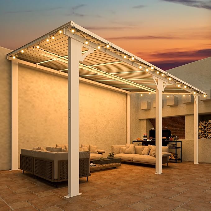 AECOJOY 14' x 8' White Gazebo Outdoor Pergola for Patio, Hard Top Lean to 8x14 Gazebo Shelter Pergolas and Gazebos Clearance with Patio Roof, Large Wall-Mounted Heavy Duty Awnings for Backyard AECOJOY