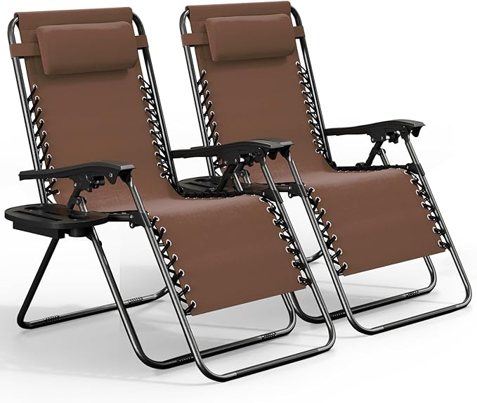 Nestl Zero Gravity Chairs Set of 2, Patio Lounge Chair Outdoor with Pillows & Cup Holder Trays, Adjustable Steel Mesh Reclining Camping Chair, Folding Patio Lawn Chair for Deck, Beach, Yard - Brown Nestl
