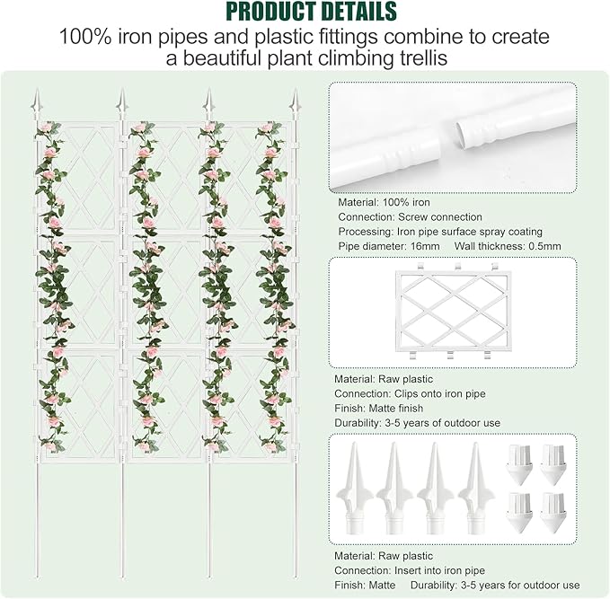 5.25FT Metal Pipe Trellis for Climbing Plants Outdoor, Garden Wall White Trellis with Garden Twist Tie, Support Tall Plant Fence for Ivy Vines Rose Flower WellSign