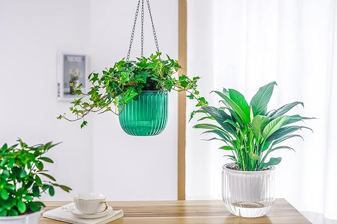 Melphoe 2 Pack Self Watering Hanging Planters Indoor Flower Pots, 6.5 Inch Outdoor Hanging Plant Pot Basket, Plant Hanger with 3Hooks Drainage Holes for Garden Home Melphoe