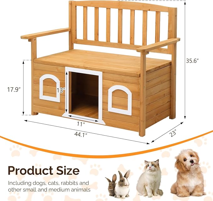 VINGLI Outdoor Storage Bench with Built-in Dog House, 2-in-1 Outdoor Waterproof Patio Bench with Pet Kennel for Patio Backyard Porch (Natural) VINGLI