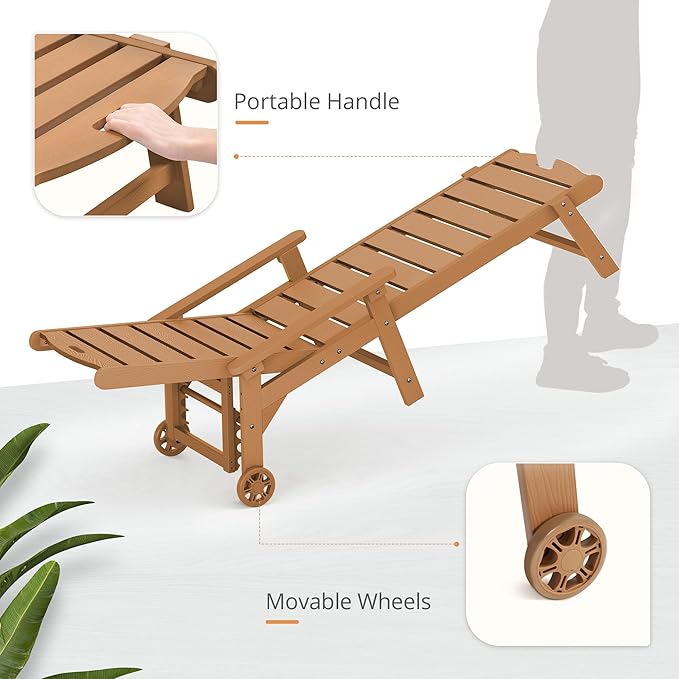 LUE BONA Outdoor Chaise Lounge, HDPS Chaise Lounger, 5 Positions Adjustable Lounge Chairs, Pool Lounge Chair with Wheels for Poolside, Backyard, Teak Color LUEBONA