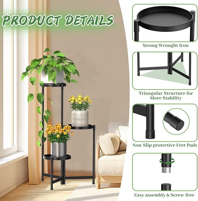MOKANI Metal Plant Stand Indoor Outdoor for Multiple Plants, 3 Tiered Folding Corner Shelf Tall Flower Pot Holder Display Rack for Patio Living Room Balcony Garden, Black Mokani
