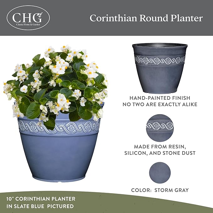 Classic Home and Garden Corinthian Resin Planter Pot - Outdoor & Indoor Plant Pot - Round Planter for Plants & Flowers (8" Storm Gray, Pack of 1) ClassicHomeandGarden