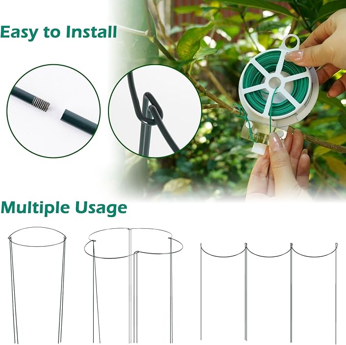 32 inch Plant Support Stakes, 10 Pack Half Round Metal Garden Plant Stake Heavy-Duty Plant Support Ring and Cage with Plant Clip & Twist Tie for Indoor and Outdoor Plants, Vegetable, Flowers Linyona