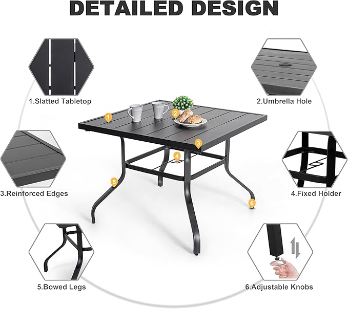 NUU GARDEN 37" Outdoor Patio Table, 4 Person Steel Slat Square Dining Table with 1.57" Umbrella Hole, Slatted Top and Powder Coated Iron Frame for Patio, Garden and Balcony, Black NUUGARDENCORPORATION