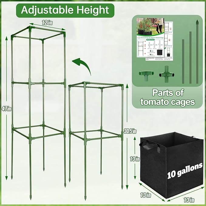 ANPHSIN 3 Sets Tomato Cages with 10 Gallon Grow Bags - 47'' Stable Plant Support Trellis Kit, Square Cages with Planter Pots for Garden Flowers Vegetables Cucumber Vertical Climbing Plants Vines ANPHSIN