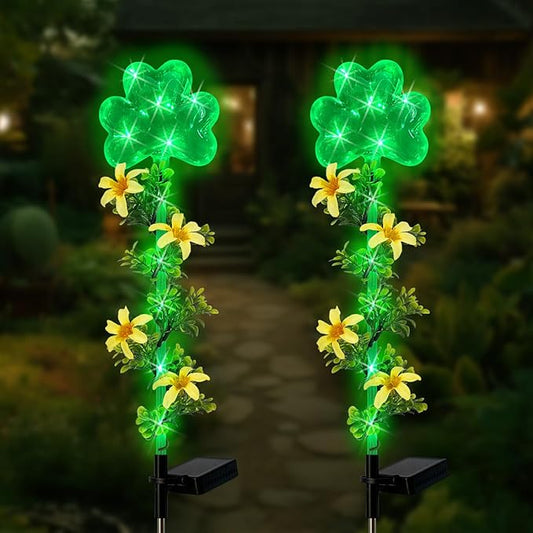ST Patrick's Day Decorations Outdoor,2 Pack Shamrock Solar Lights Outdoor,Solar Powered Green Fairy Lights Holiday Decorations for Yard,Lawn,Garden Stkae HokfirmHomeDecorGarden