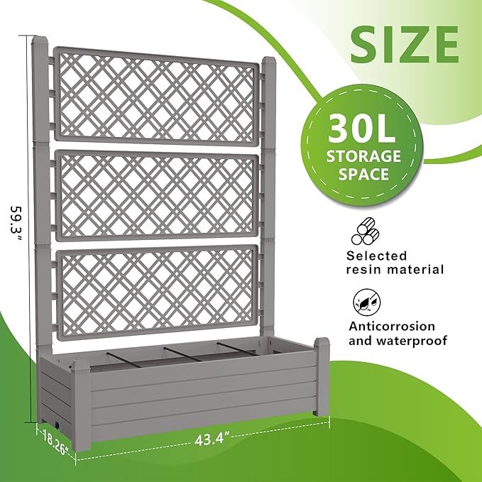 EasyUp Raised Garden Bed with Trellis for Climbing Plants, Raised Herb Garden Bed with Drainage Plug & Water Level Gauge, Durable Dust-Proof Resin Planter for Patio, Balcony, Backyard EASYUP