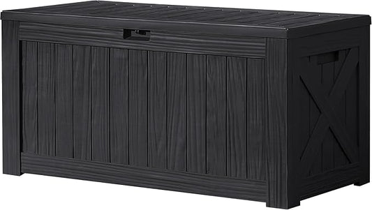 Devoko 120 Gallon Deck Box Resin Outdoor Storage Box Waterproof for Patio, Large Outdoor Storage Bench Lockable for Outside (Black) DEVOKO
