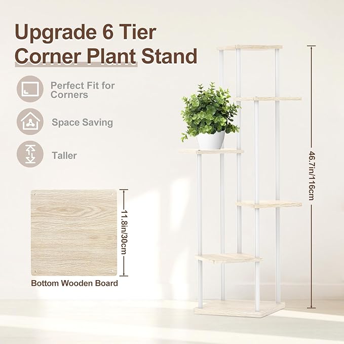 6 Tier Tall Plant Stand Indoor, Large Metal Wood Muti Level Vertical Planter Shelf Orchid Holder for Narrow Corner, Sturdy Heavy Duty Flower Display Rack for House Decor Living Room Bedroom, White Oppro