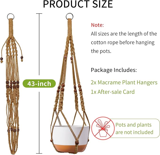Macrame Plant Hanger - Fits 6 to 15 inches Pots for Indoor Outdoor, 43 Inch, Set of 2, Brown (POTS NOT Included) IDEEEPAN