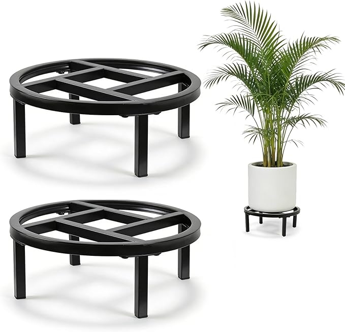 Metal Plant Stand Indoor Outdoor, Heavy Duty Plant Riser, Sturdy Flower Pot Holder Low Planter Stand, Single Flower Pot Stands, Modern Planter Stool for Indoor Plants (Black, 11.8"-2PCS) Rootora