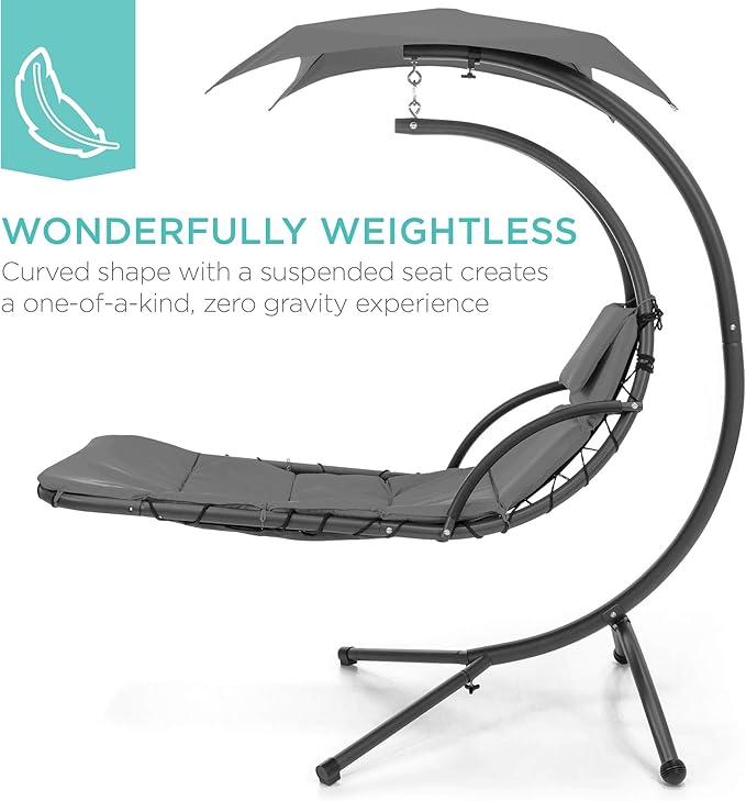 Best Choice Products Outdoor Hanging Curved Steel Chaise Lounge Chair Swing w/Built-in Pillow and Removable Canopy - Charcoal Gray BestChoiceProducts